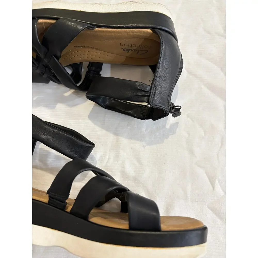 Clarks Strappy Sandals Black Clara Rae Ankle Strap Comfort Zip Womens 8 M